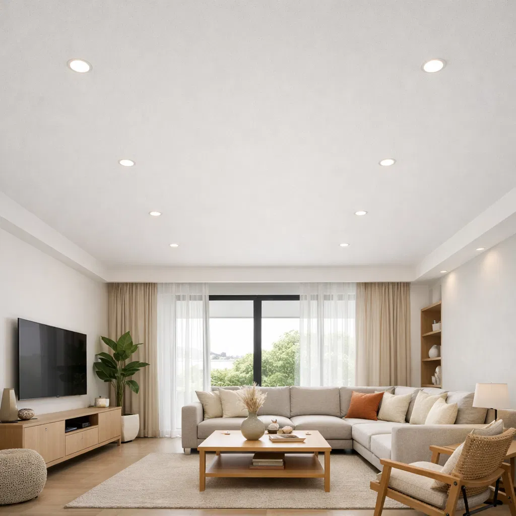 Flat plaster ceiling installation in a modern living room