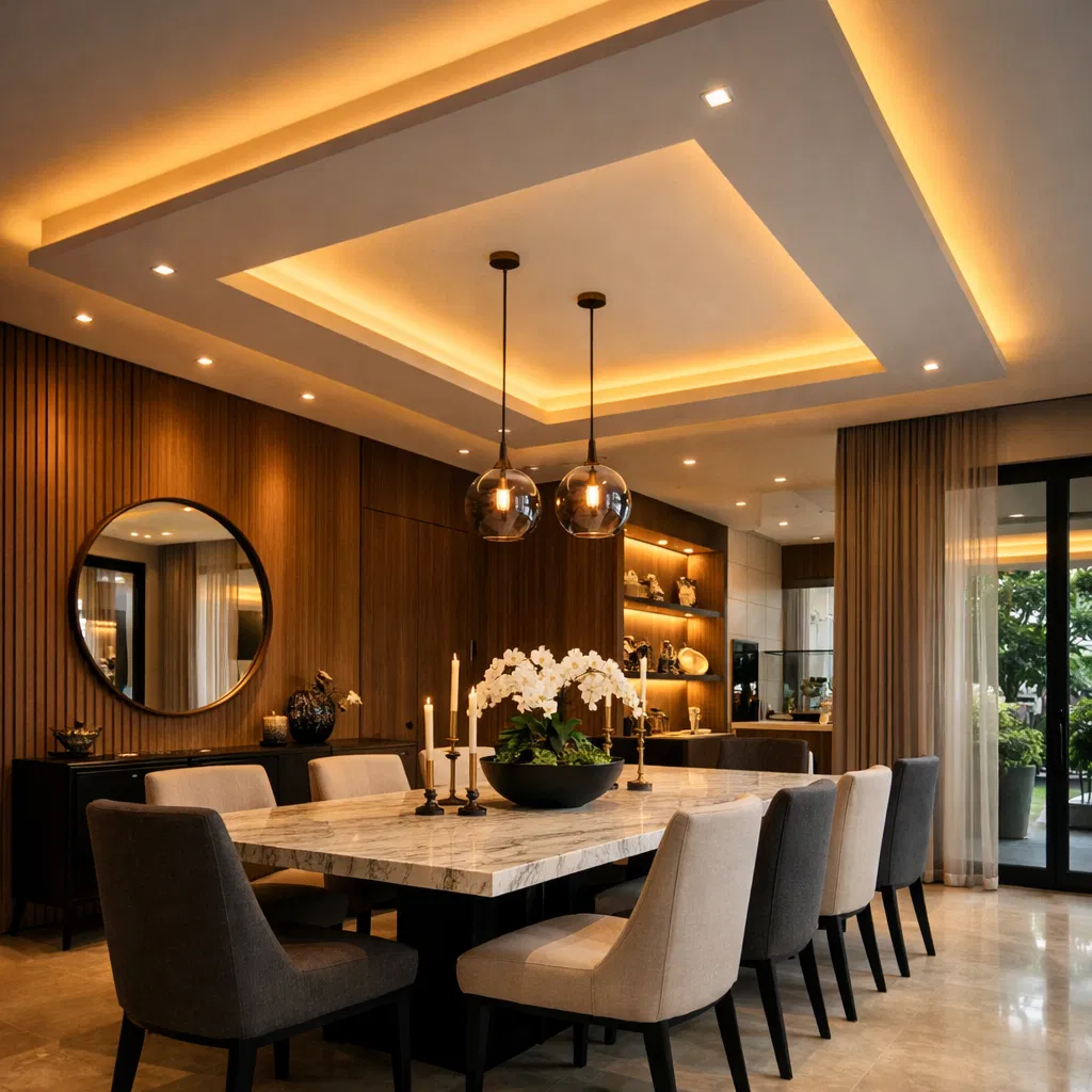 Dramatic dining space with L-box ceiling lighting