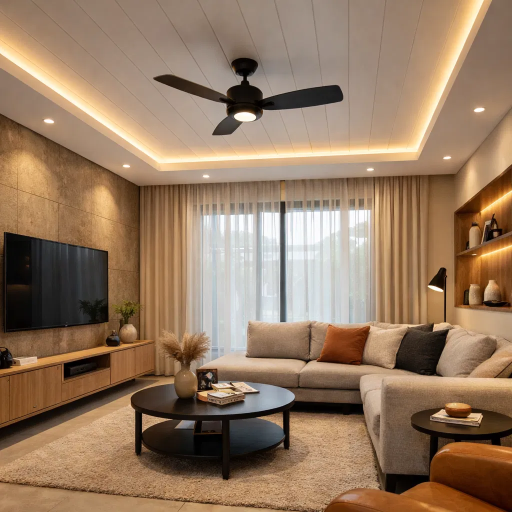 Modern living room with PVC ceiling and LED lighting